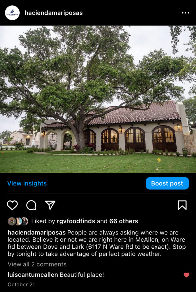 Screenshot of Instagram post showing exterior of restaurant with a caption explaining that they are located in the city with the address and relative location using nearby cross streets.