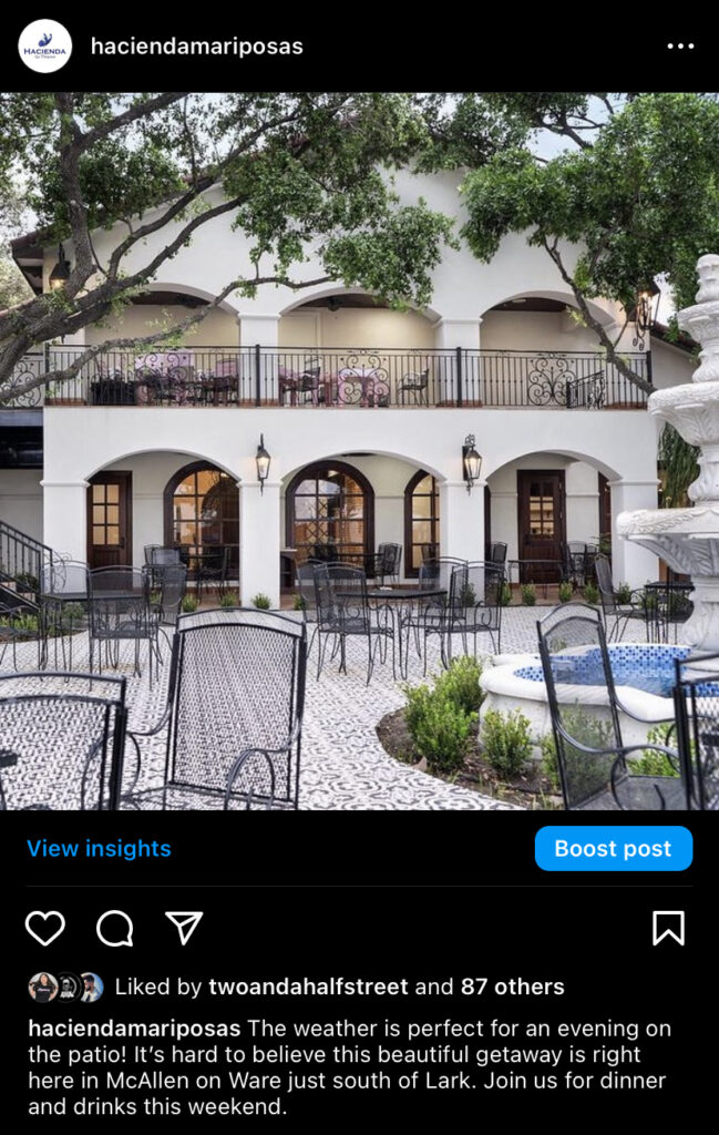 Screenshot of Instagram post showing the restaurant's patio with a caption including their location.