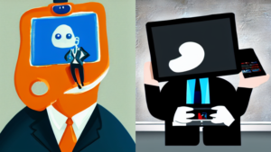 A collage of two images generated by Canva's text-to-image AI tool. The prompt was "an anthropomorphized laptop painting a portrait of a businessperson." The resulting images are very abstract.