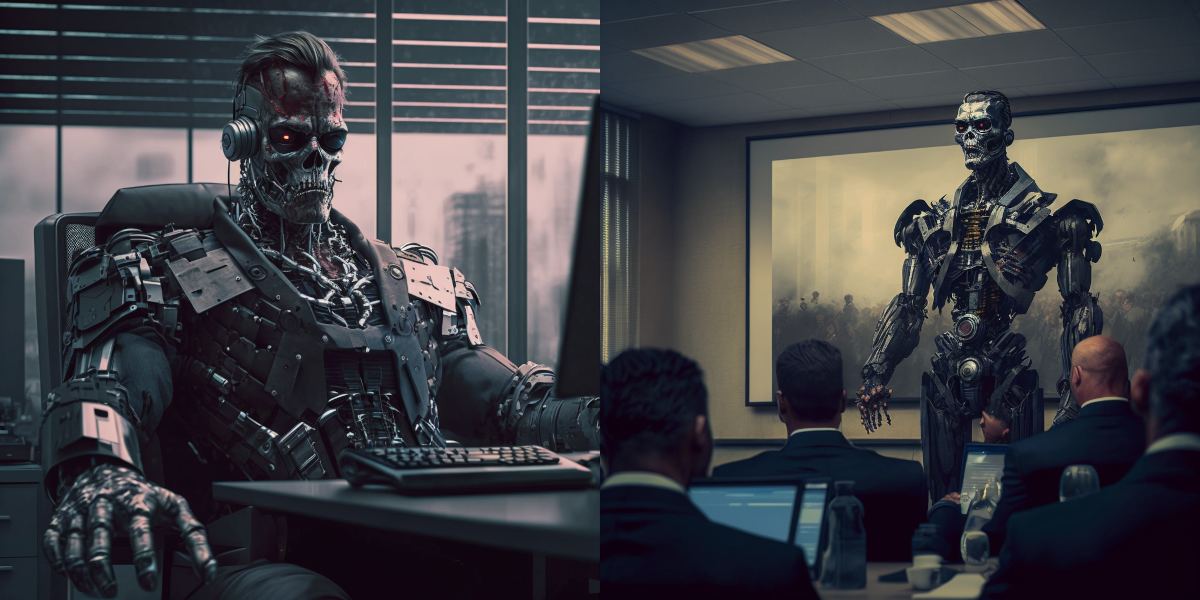 Two images side by side, on the left, a Terminator sitting in front of a computer in a high rise corporate office. On the right, a Terminator leading a meeting in a corporate board room. Both images generated by Midjourney.